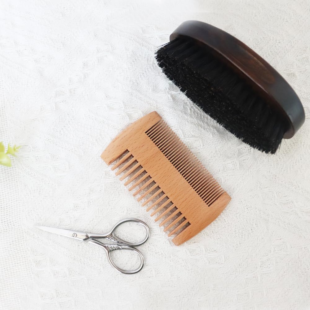 Kit de grooming de barbe, Ensemble de soins de barbe, Kit de grooming pour hommes, Kit de grooming de barbe, Brosse de sanglier naturel et Pear Wood Comb Set pour hommes - Dual Action Grooming pour les barbes et les moustaches