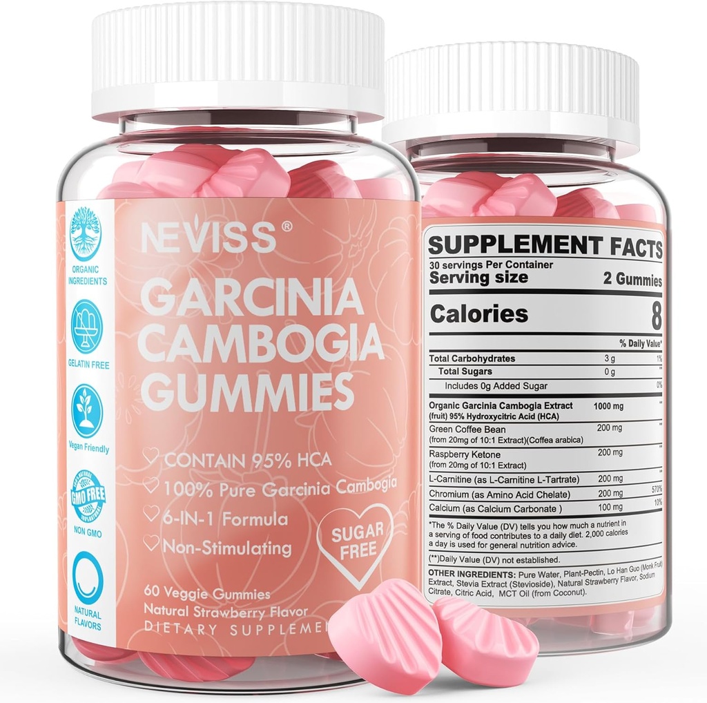 Sans sucre Garcinia Cambogia Gommies 1000mg 95% HCA avec L-Carnitine, Cétone de framboise, Chromium, Haricot de café vert pour le métabolisme, stimuler l'énergie, 100% extrait organique, végétalien, goût de fraise 120 Cts