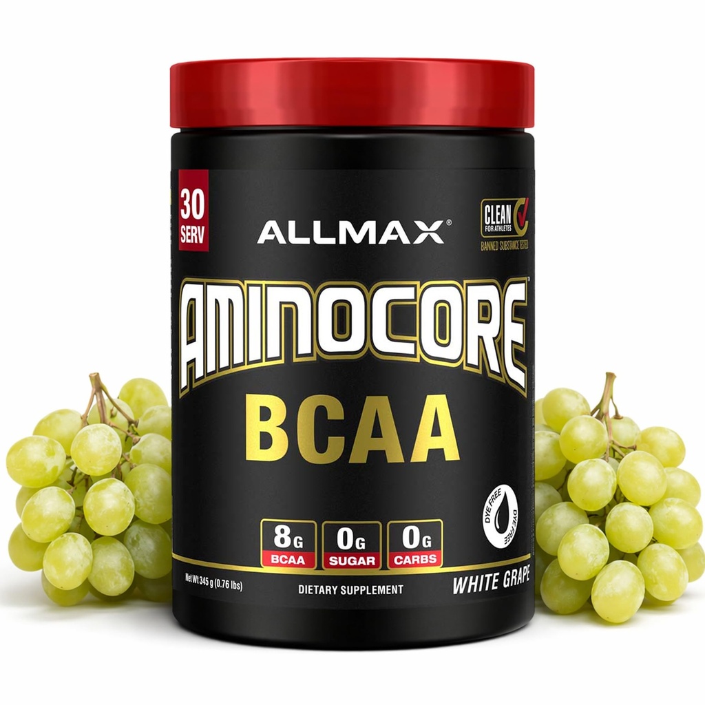 ALLMAX Nutrition AMINOCORE BCAA Powder, 8,18 Gram van Aminozuren, Intra en Post Workout Herstel Drank, Glutenvrij, Witte Druiven, 315 g