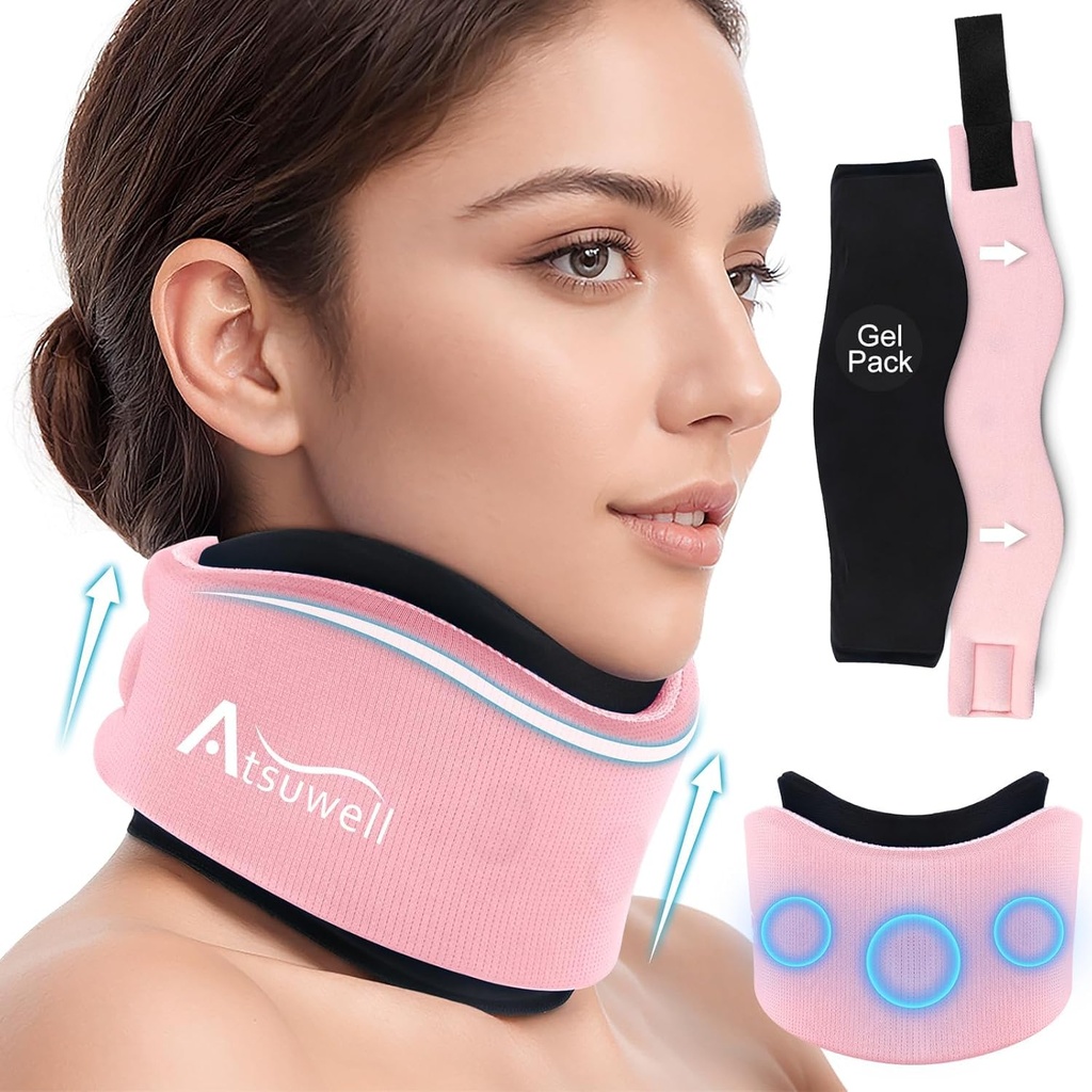 Atsuwell Soft Neck Brace Cervical Collar, verstelbare nek ondersteuning Brace met verwijderbare Gel Pack, Herbruikbare ijs Wrap voor correcte houding, Slapen, Roze