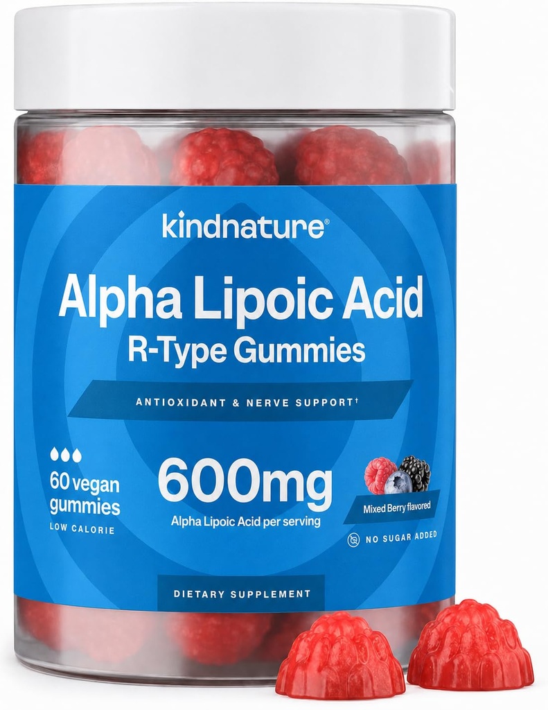 kindnature Alpha acide lipoïque Gommies - Suppléments de neuropathie - Vegan, sans sucre, faible calorie 600 mg ALA supplément - ALA pur Alpha acide lipoïque 600 mg pour les suppléments nutritionnels antioxydants