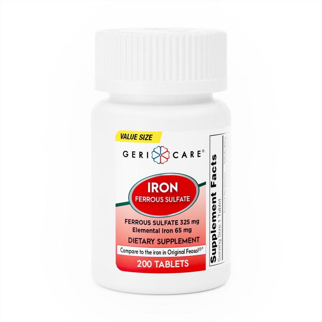 GeriCare Ferrous Sulfate Tablets 325mg, Elemental Iron 65 mg High Potency Iron Supplement 