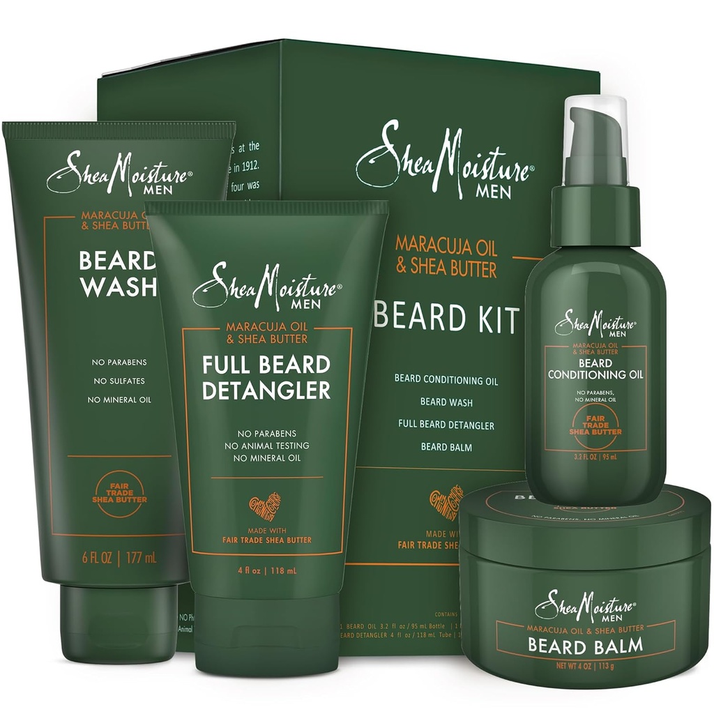 SheaMoisture Baard-Care Kit voor mannen, Inclusief Wash, Balsem, Olie, Conditioner, Natuurlijke Shea Butter & Maracuja Oil, Grote Gift