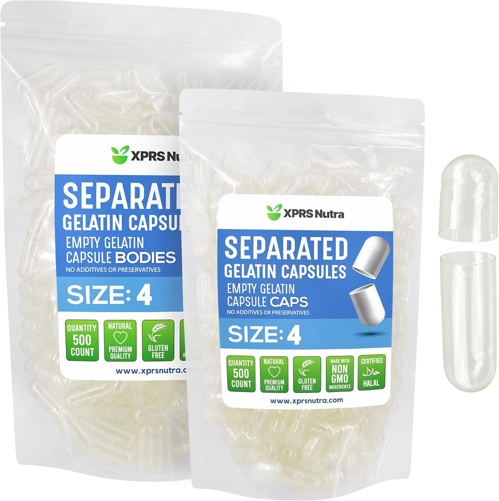 XPRS Nutra Gelatin Size 4 Separated Capsules - 500 Count Clear Small Empty Capsules Separated in Bags - DIY Fillable Pill Caps - Size 4 Gel Do-It-Yourself Vitamin and Supplement Filling