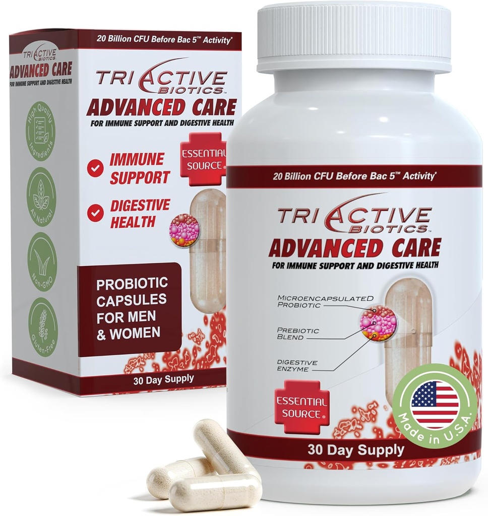 Essentiële Bron TriActive Biotics Advanced Care - 20 miljard CFU Probiotica voor de spijsvertering gezondheid, Immune Support Supplement, Microencapsulated Probiotics voor vrouwen en mannen, 30 Ct Capsules