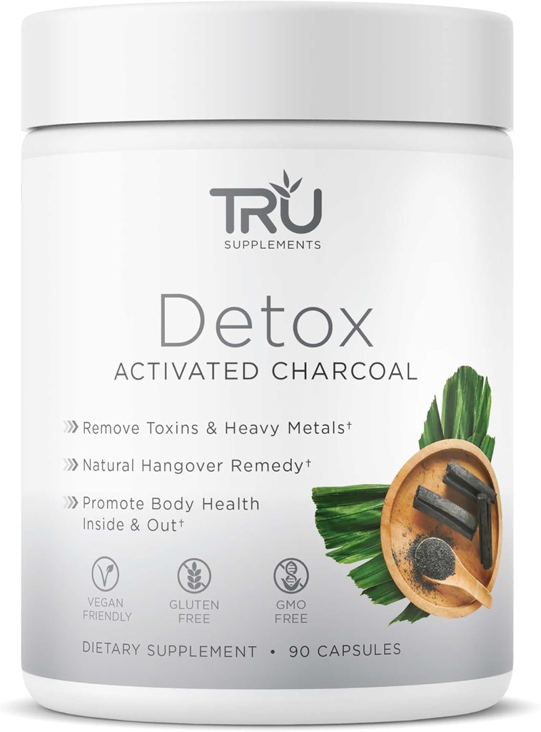 TRU-supplementen Detox Reiniging Capsules met geactiveerde Charcoal, Whole Body Cleanse for Bloating Relief & Clear Skin, Vegan-Friendly Natural Detox Support, 60 porties