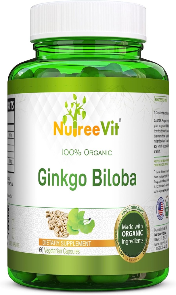 NutreeVit 100% Ginkgo Biloba Capsules bio - Soutient la santé cérébrale, l'alerte mentale, la circulation et l'augmentation de la mémoire - Antioxydant organique - 100 Bouteilles de comptage