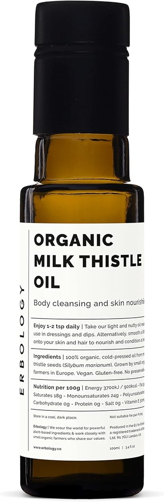Erbologie Biologische Melkdistelolie 3,4 fl oz - Koudgeperst - Hoog in vitamine E - Ontgiftend - Direct uit de boerderij - Niet GGO - Geen additieven of conserveringsmiddelen - Recycleerbare glazen fles