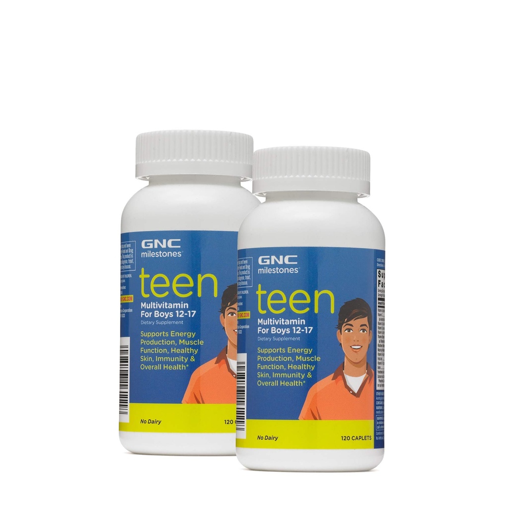 GNC Milestones Tiener Multivitamine voor jongens 12-17, Twin Pack, 120 Caplet per fles, ondersteunt energieproductie en spierfunctie
