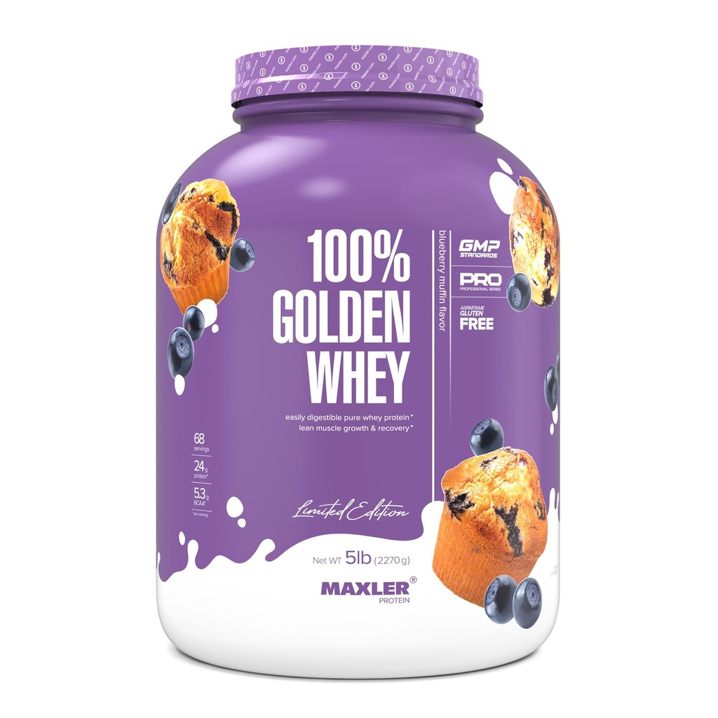 Maxler 100% Golden Whey Protein - 24g de protéines par portion - Premium Whey Protein Poudre pour pré-entraînement - Fast Absorbing Whey Concentrate, Isolate & Hydrolysate Blend - Blueberry Muffin 5 lb