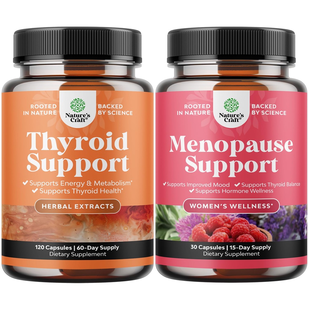 Bundle of Herbal Adrenal and Thyroid Support Complex - Mood Enhancer Energy Supplement for Thyroid Health and Complete Herbal Menopause Supplement for Women for Night Sweats Mood and More