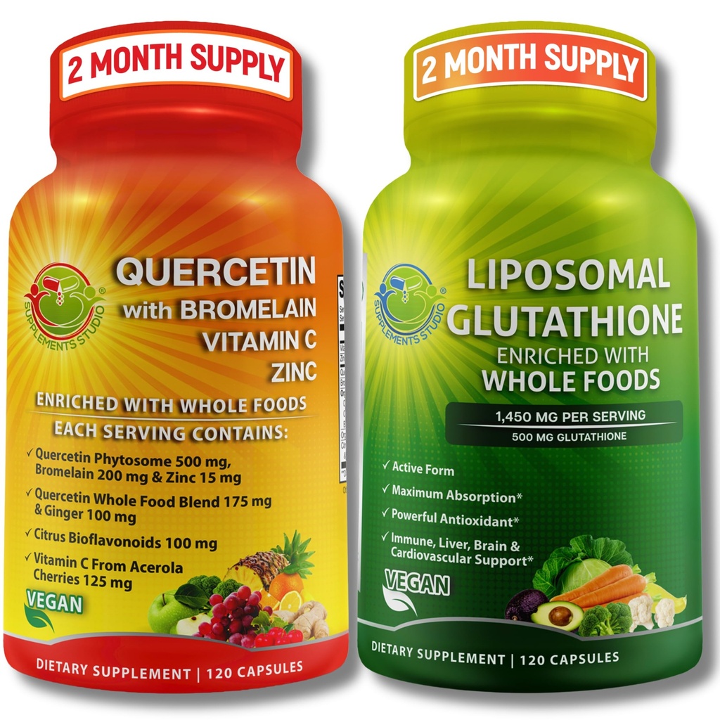 Ensemble de soutien immunitaire et cellulaire – Glutathion liposomique 500mg avec des aliments entiers et Quercetin avec Bromelain, Vitamine C, et Zinc Complexe alimentaire entier – végétalien, non-OGM, Clean Daily Wellness Support