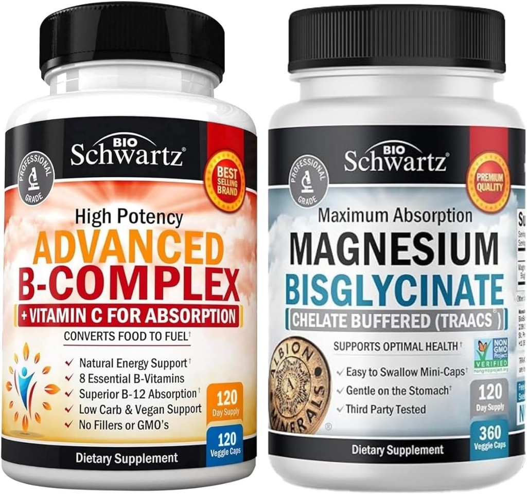 Vitamine B Complex met Vitamine C (4 maanden Supply) Plus Hoge Absorptie Magnesium Bisglycinate Capsules (4 maanden Supply)