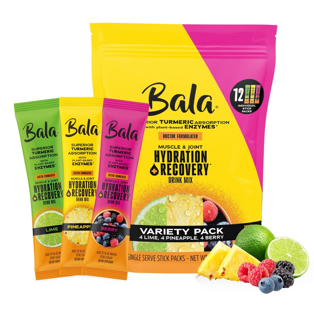 Bala Enzyme Hydration & Sugar-Free Drink Mix - Kurkuma, Bromelain, Papain - Immuniteit, Mobiliteit - Variety Pack 0,25oz (12 telling)