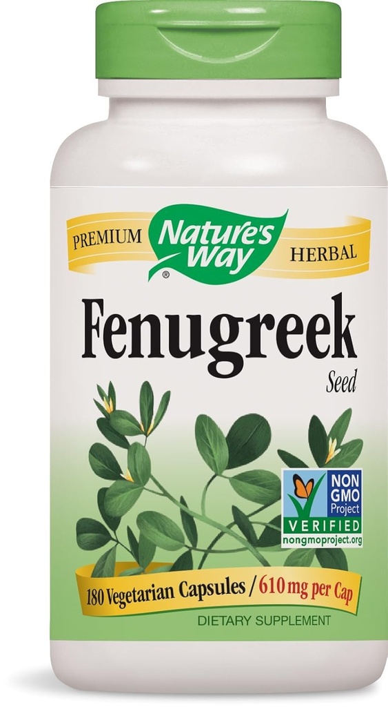 Natures Way Fenegriek Seed, 610 milligram per cap, 180 Vegetarische Capsules. Verpakking van 4 flessen.