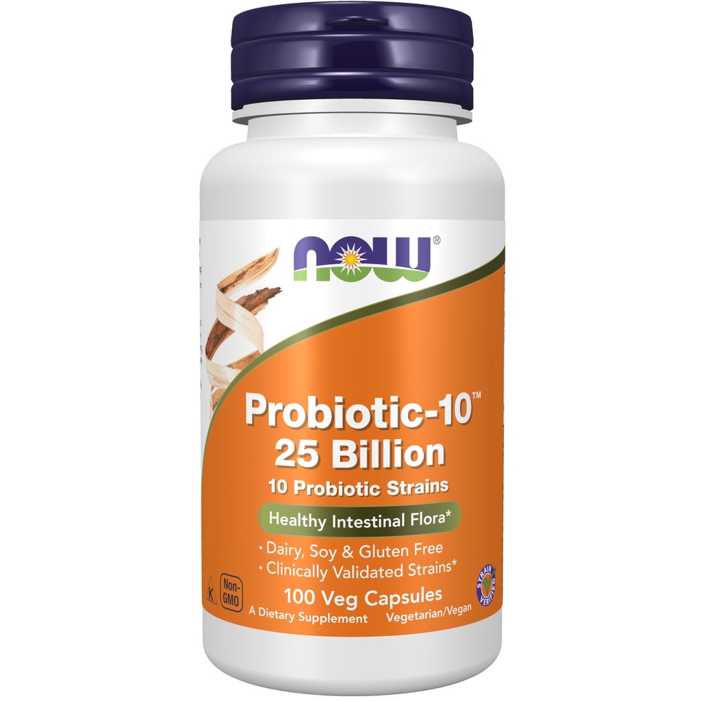 NOW Foods Supplementen, Probiotic-10TM, 25 miljard, met 10 Probiotische Strains, Zuivel, soja en Glutenvrij, Gecontroleerd stam, 100 Veg Capsules
