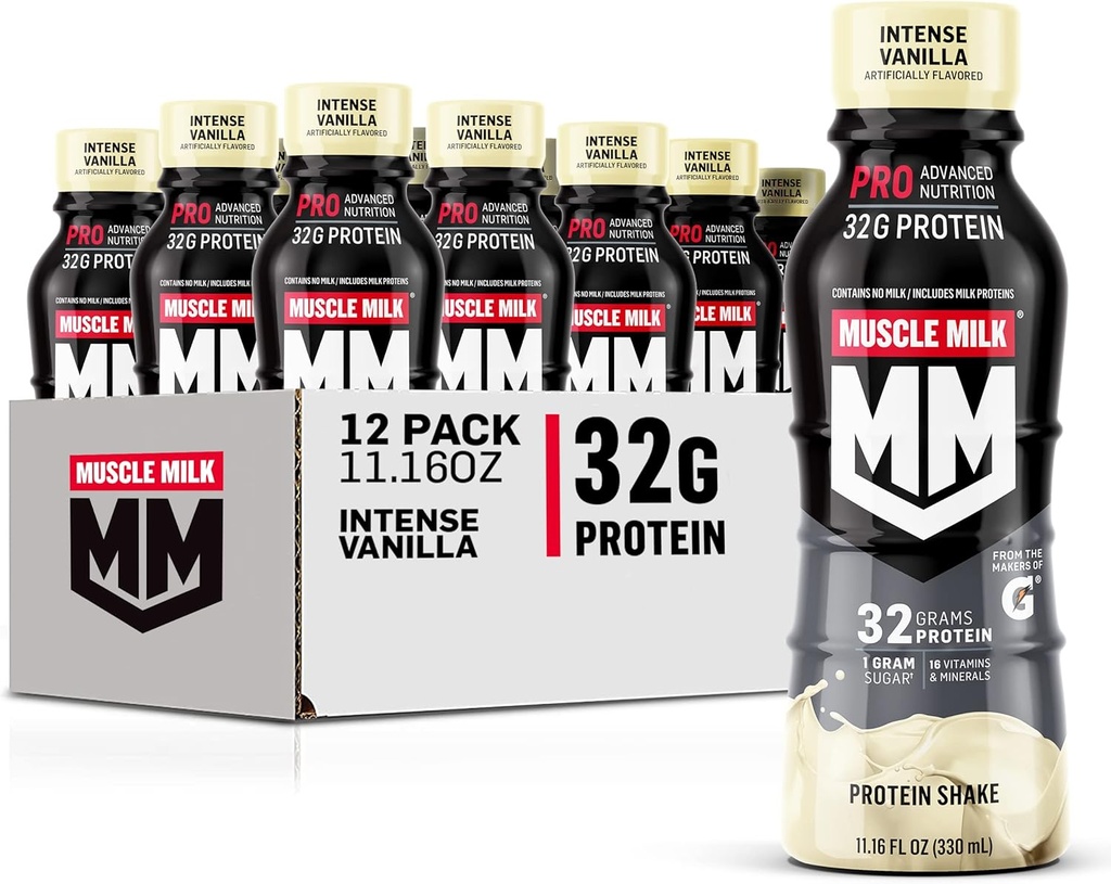 Muscle Milk Pro Advanced Nutrition Protein Shake, Intense Vanilla, 11,16 Fl Oz (verpakking van 12), 32g Proteïne, 1g Suiker, 16 Vitaminen & Mineralen, 5g Vezel, Workout Herstel, Energizing Snack, Verpakking mei Vary