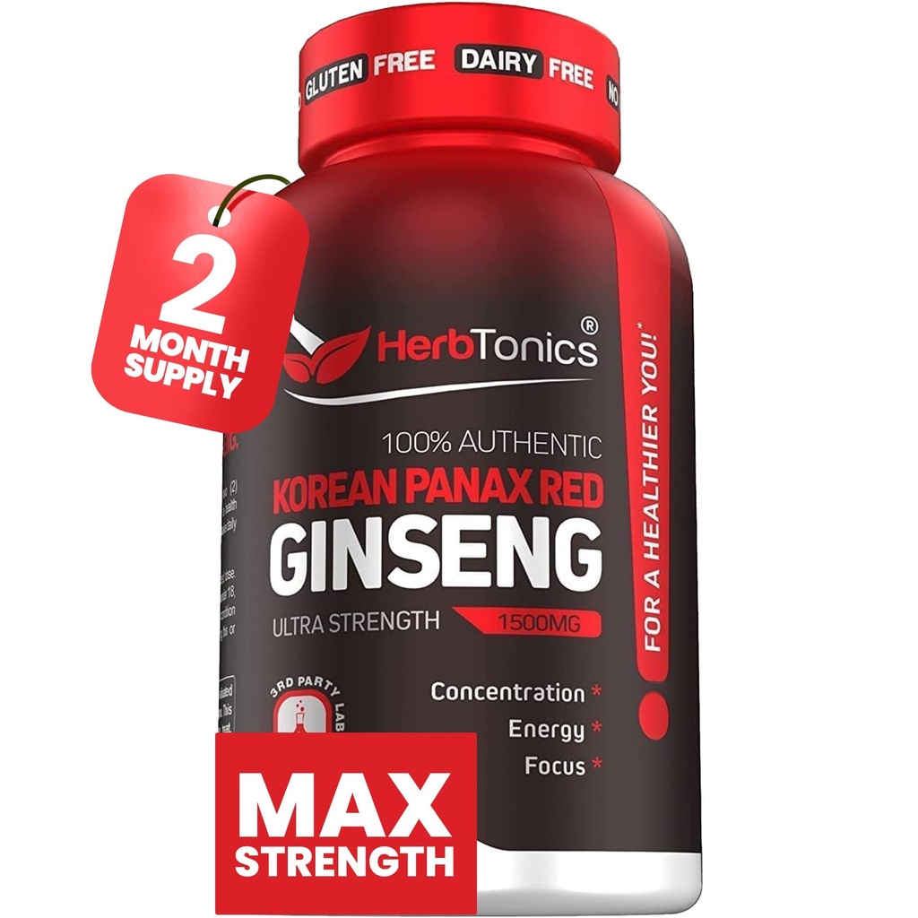 Herbtonics Panax Rouge Coréen Ginseng 1500mg - Supplément énergétique pour la performance maximale, la concentration et la vitalité - Extrait de racine de ginseng à haute puissance - 120 Capsules végétaliennes
