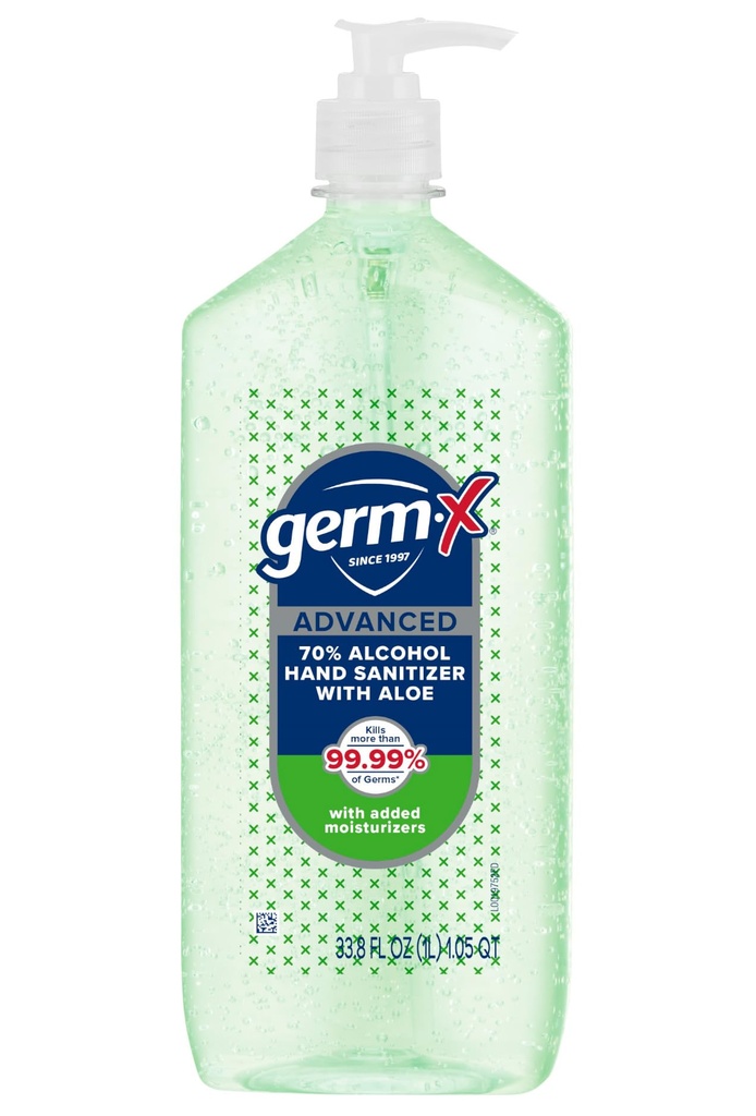Sanitizer à main avancé Germ-X avec Aloe et vitamine E, Gel hydratant non-séchant, formule instantanée et sans rinçage, bouteille de pompe, retour aux fournitures scolaires, 1 Litre