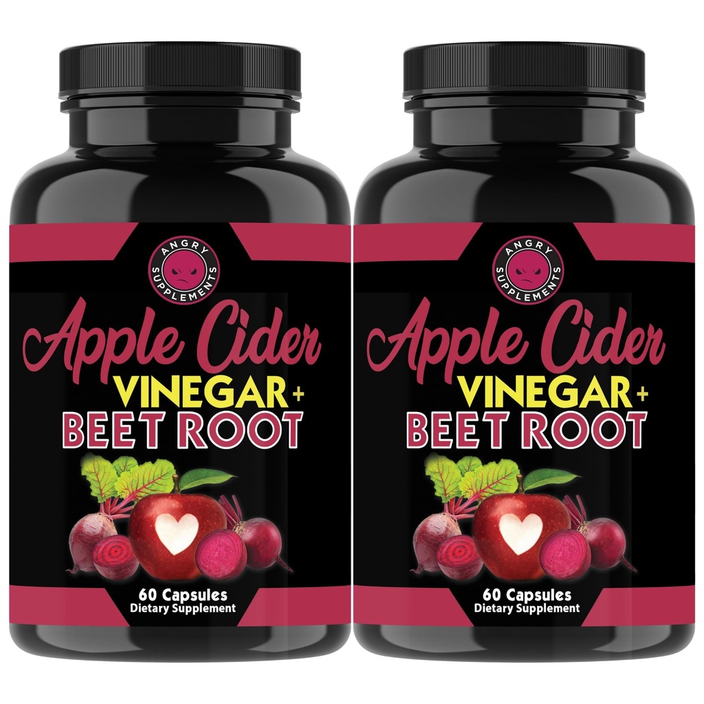 Suppléments en colère Vinaigre de cidre de pomme + Capsules de poudre de betterave, ACV pur Beetroot 1000mg par portion, Booster d'oxyde nitrique et santé digestive pour les hommes et les femmes 60ct, 2 Pack (120ct Total)
