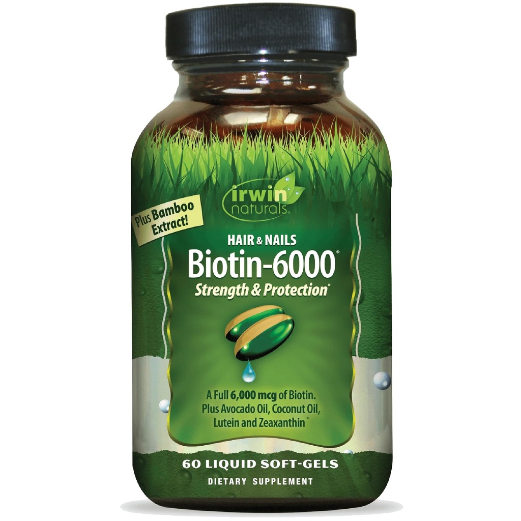 Irwin Naturals Biotin-6000 soutient une peau, des cheveux et des ongles sains - 60 softgels liquides - Force + Protection avec une puissance élevée 6000 mcg, bambou, avocat, noix de coco et plus - Absorption maximale