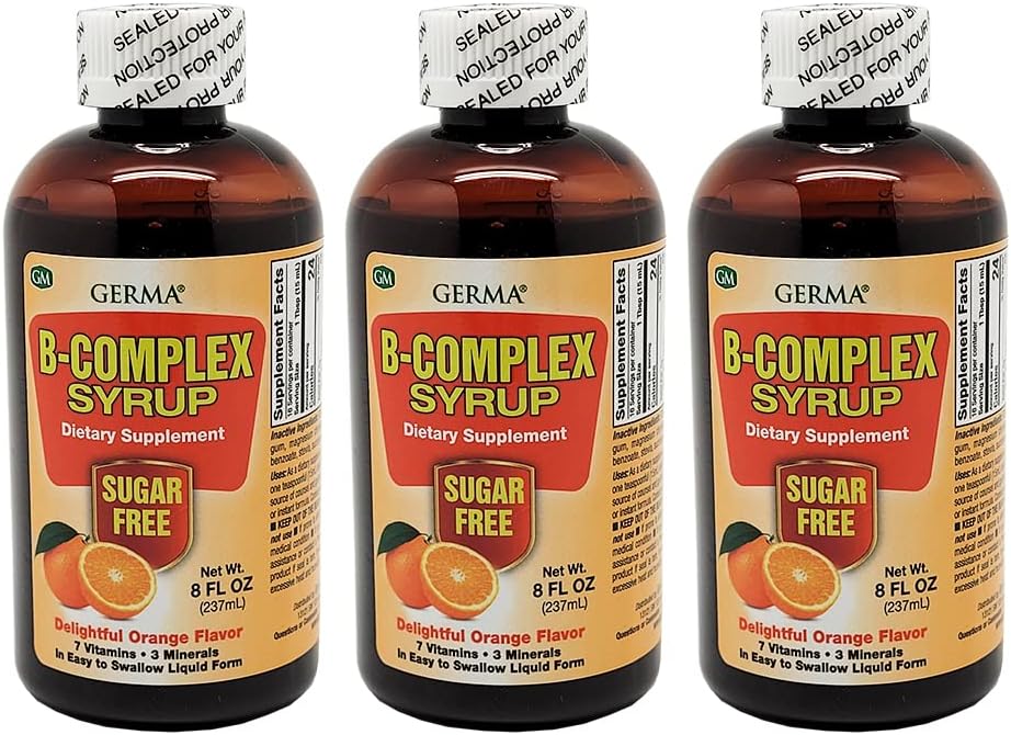 Germa B-Complex Siroop. Dieetsupplement. Bot gezondheid, groei en ontwikkelingshulp. Suikervrij. Oranje smaak. 8 oz. Verpakking van 3