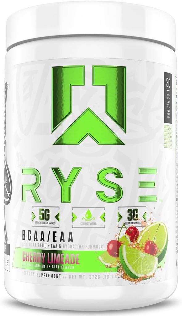 RYSE BCAA EAA Powder - Cherry Limeade - 5g vertakte keten Aminozuren, 3g essentiële Aminos, Sugar-Free Electrolytes voor pre- & post workout spierherstel, hydratatie en sterkte - 30 porties