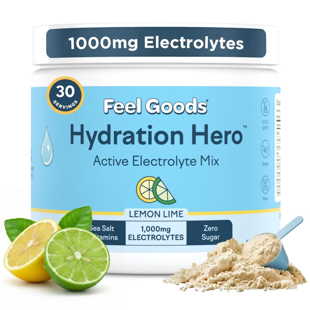 Feel Goods Hydration Hero, 1000mg Elektrolytes Poeder, Suikervrij, Magnesium, Biologische Aloë Vera, Biologische Aloë, L Theanine, Vitamine C & B12, Niet GGO, Keto, Vegan 