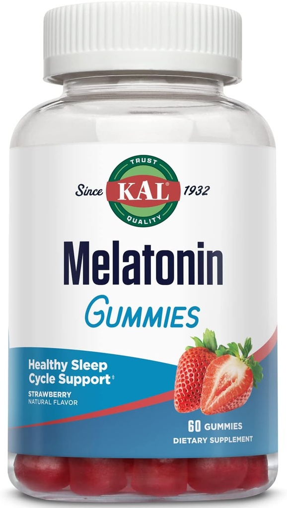 KAL Melatonine Gummies, Melatonine 5mg Slaaphulp, Gezonde Ontspanning, Slaapduur, Kwaliteit en Kalmte Ondersteuning Formule, Vegetarisch, Glutenvrij, Natuurlijke Aardbei Smaak, 30 Serven, 60 Gummies