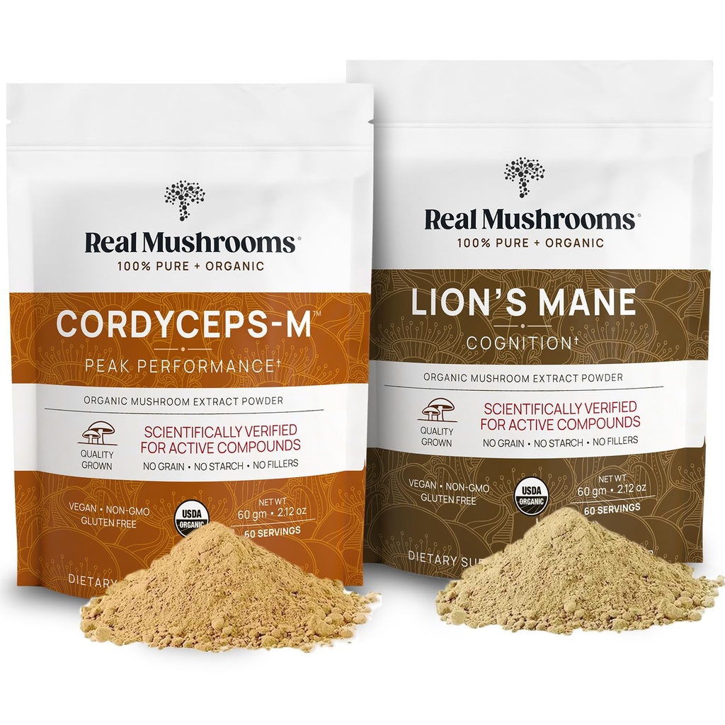 Lions Mane (60g) et Cordyceps (60g) Mélange de poudre d'extrait de champignons - Supplément de champignons pour la cognition, l'énergie et l'endurance