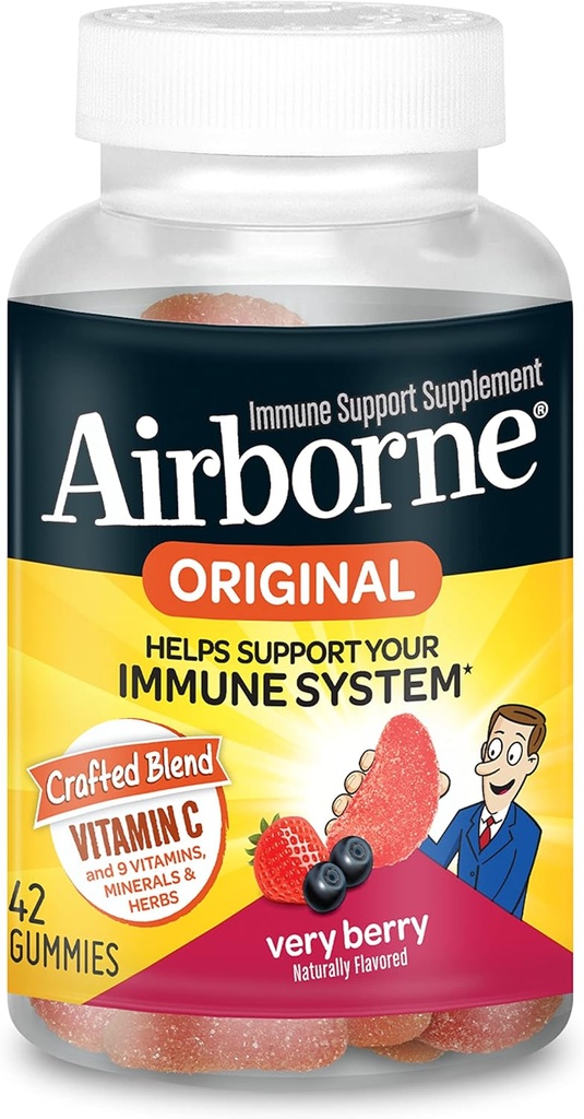 Airborne 750mg Vitamin C Gummies For Adults, Immune Support Supplement with Powerful Antioxidants Vitamins C & E - 42 Gummies, Very Berry Flavor