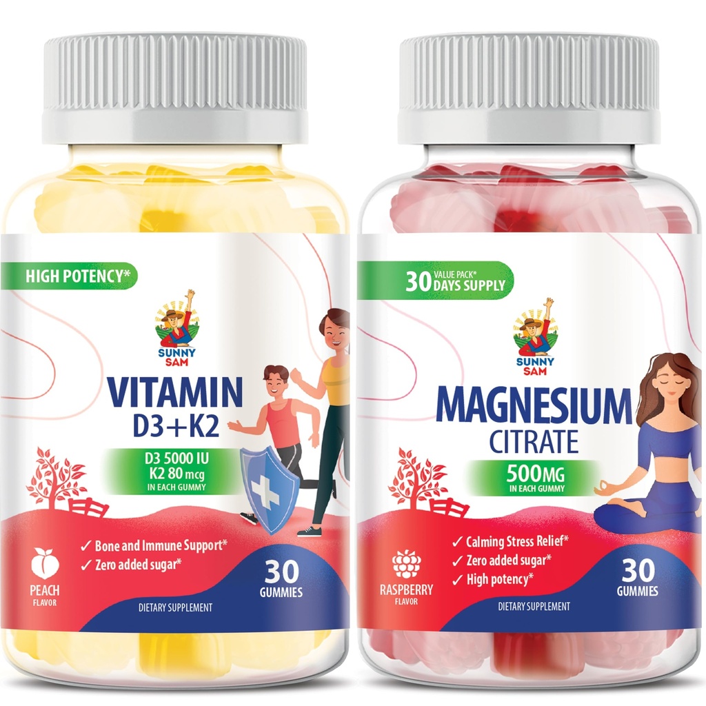 Magnesium Gummies for Kids & Adults - 500mg and Vitamin D3 K2 Gummies 5000 IE. Kalm Magnesium Kauwen - Magnesium Citraat Kauwbare Supplement voor Mood & Muscle Ondersteuning