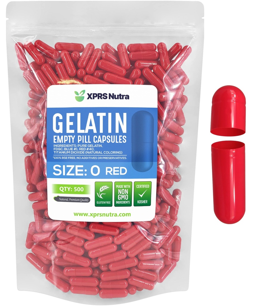 XPRS Nutra Maat 0 Lege capsules - 500 Telle Lege Gelatine Capsules - Pillen DIY Capsule vullen - Pure Bovine Vulbare Pill Gel Caps voor Do-It-Yourself Supplements (Rode)