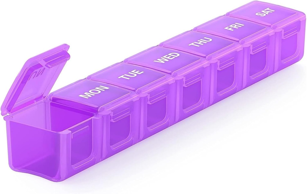 Sukuos Extra Large Wekelijkse Pillen Organisator, 7 Dagen Dagelijkse Pillen Box Case Artritis Vriendelijke, Silkscreen Gedrukte Medicine Container met duidelijke deksel voor vitaminen, visolie of supplementen (Paars)