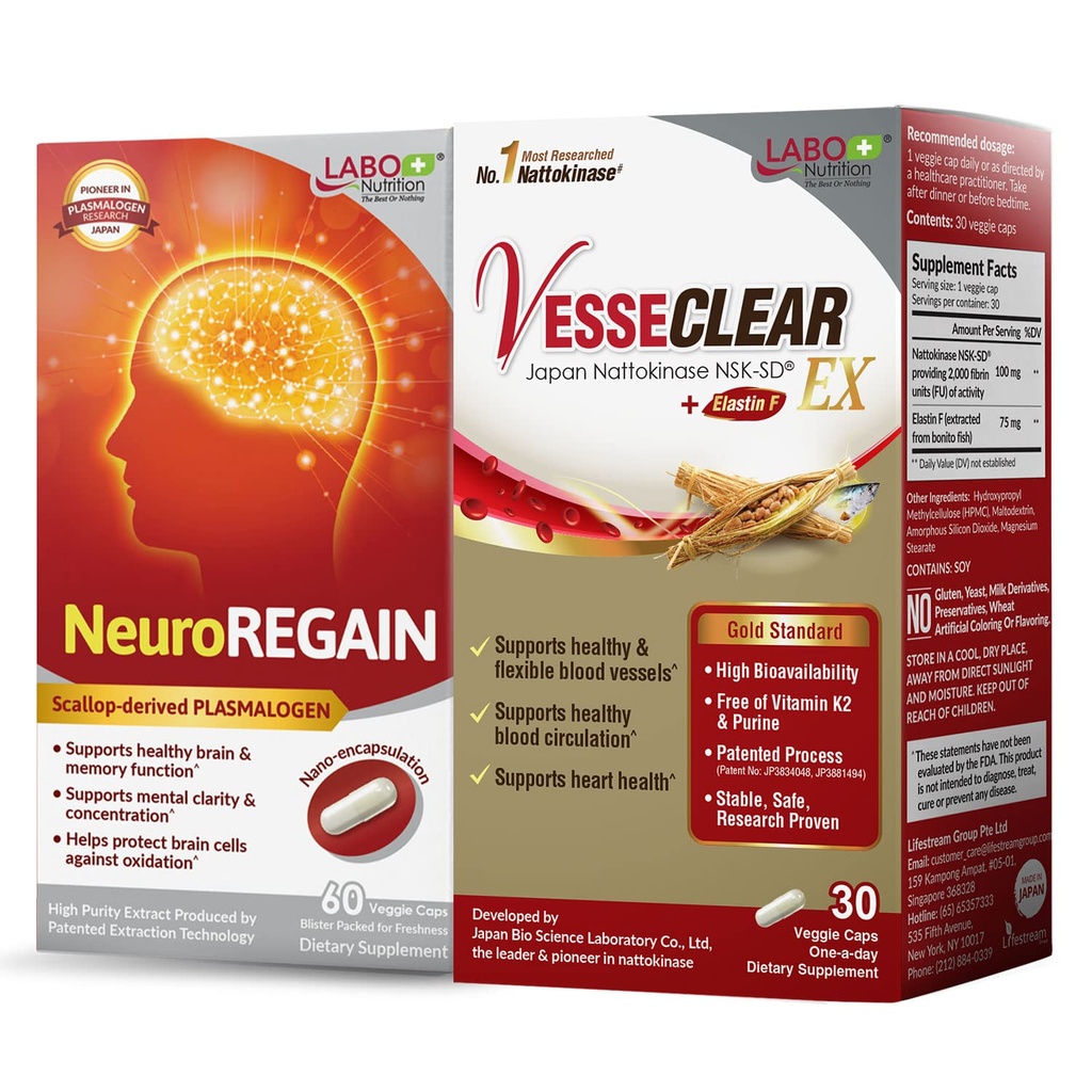 LABO Nutrition VesseCLEAR EX + NeuroREGAIN: Nattokinase NSK-SD, Elastine F voor schoon en flexibel bloedvat, Cardiovasculaire en Circulatieondersteuning, uit scallop verkregen PLASMALOGEN voor hersenverslechtering