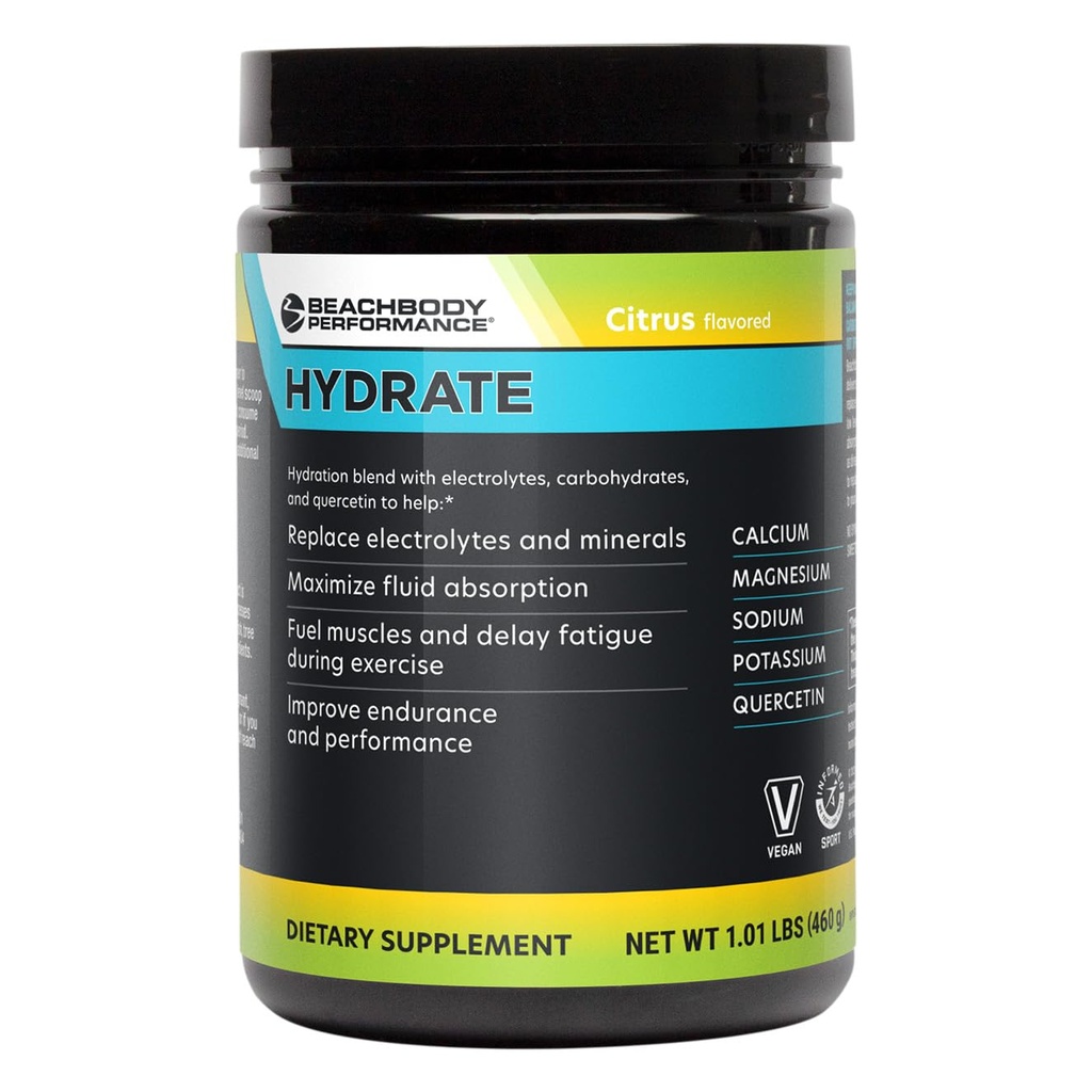 Supplément d'hydratation BODi Performance Hydrate, Poudre d'électrolyte enrichie en Quercetine, 4 électrolytes clés: Potassium, Magnésium, Sodium, Calcium - Supporte l'endurance et la balance des fluides, Citrus, 40 SRV
