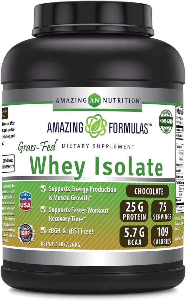 Amazing Formulas Grass-Fed Whey Protein Isolate | 25 Grams Protein Per Serving | 5 Lbs (2.26 Kg) | 5.7 Grams BCAA | Made in USA (5 Lb, Chocolate)