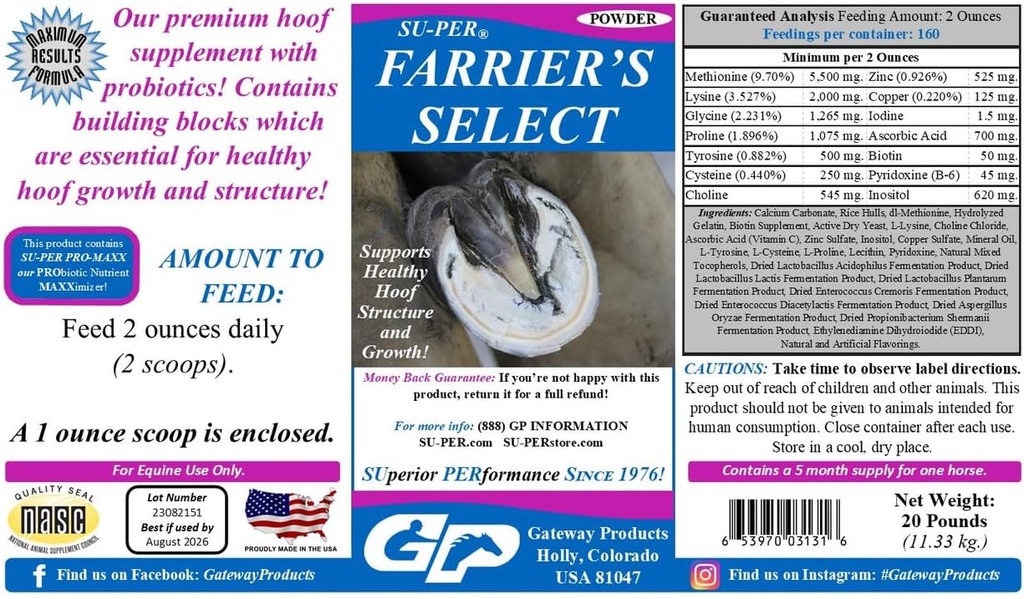 SU-PER Farrier's Select Hoof Supplement - Paard Premium Hoof Care Supplement met Probiotica - Gezonde Hoof Groei - 20 Pond, 5 Maand Levering
