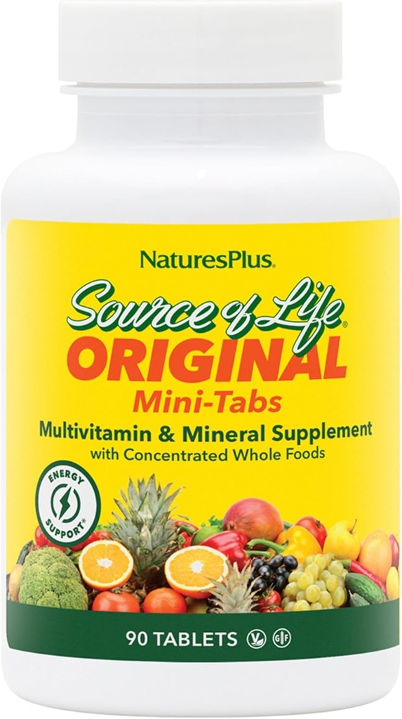 Natures Plus Source de vie - 90 Mini-Tabs - Multivitamines et suppléments minéraux - Supporte l'énergie naturelle et le bien-être général - Sans gluten, végétarien - 15 Total des services