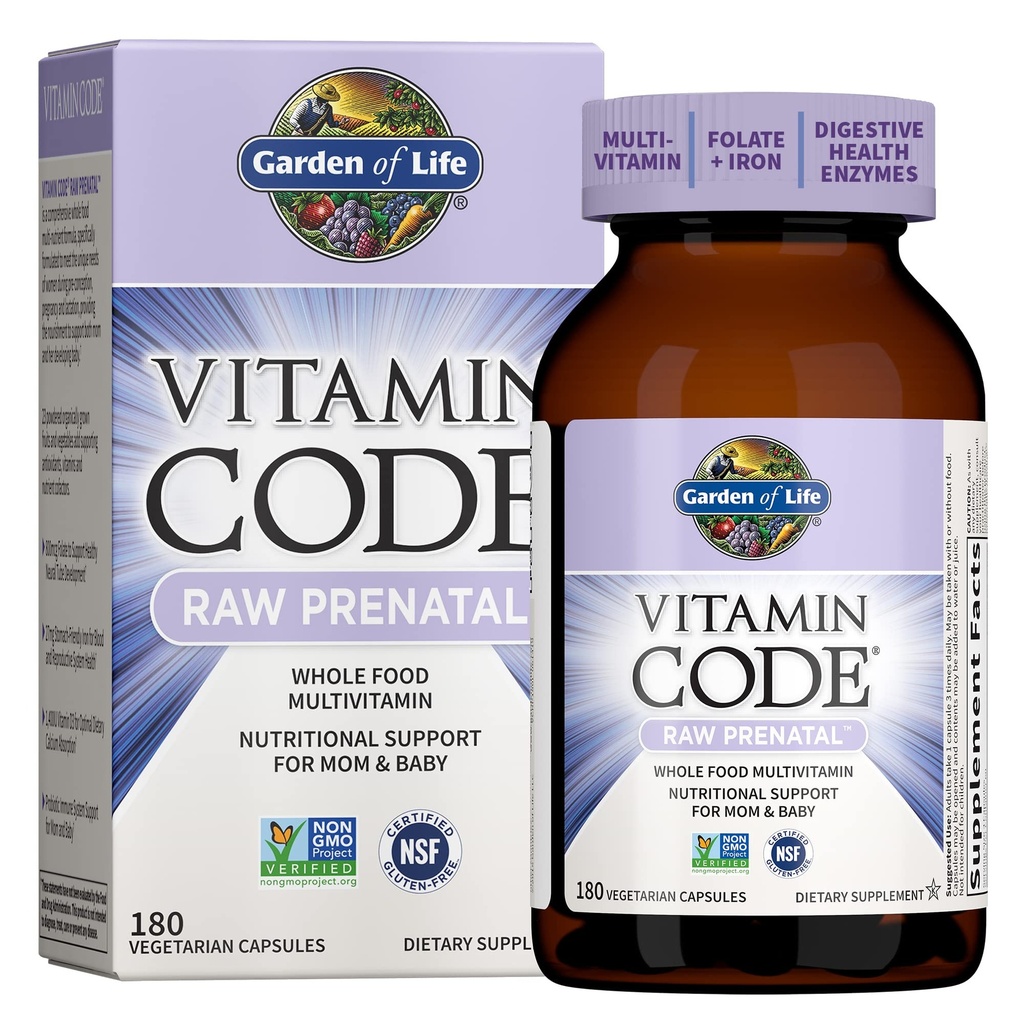 Jardin de la vie Multivitamine prénatale pour les femmes des aliments entiers avec biotine, fer et folate non acide folique, probiotiques pour le soutien immunitaire - Code Vitamine Grossesse crue doit avoir - 180 Capsules