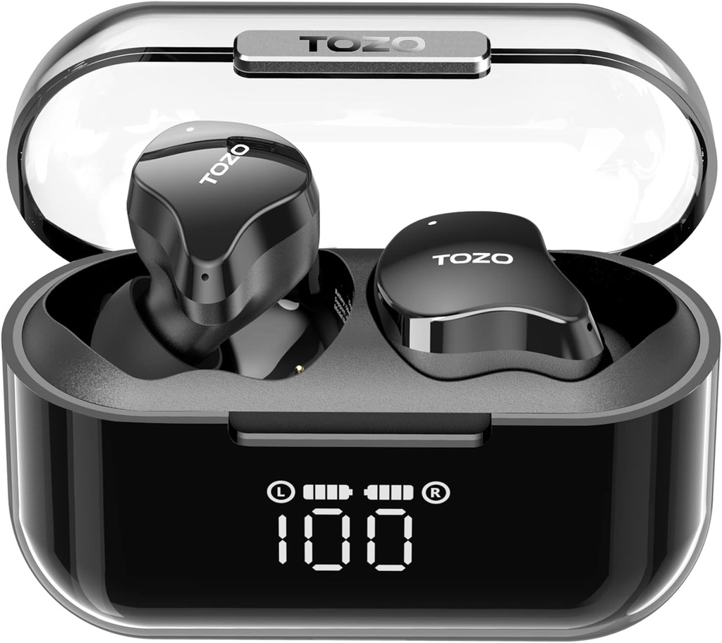 TOZO T18 Draadloze oordopjes Bluetooth hoofdtelefoons 5.3, IPX8 Waterdichte oordopjes, 4 Mic Clear Call Lange speeltijd met LED Digital Display Charging Case, Stereo Bass Sound 32 Aangepast EQ via APP