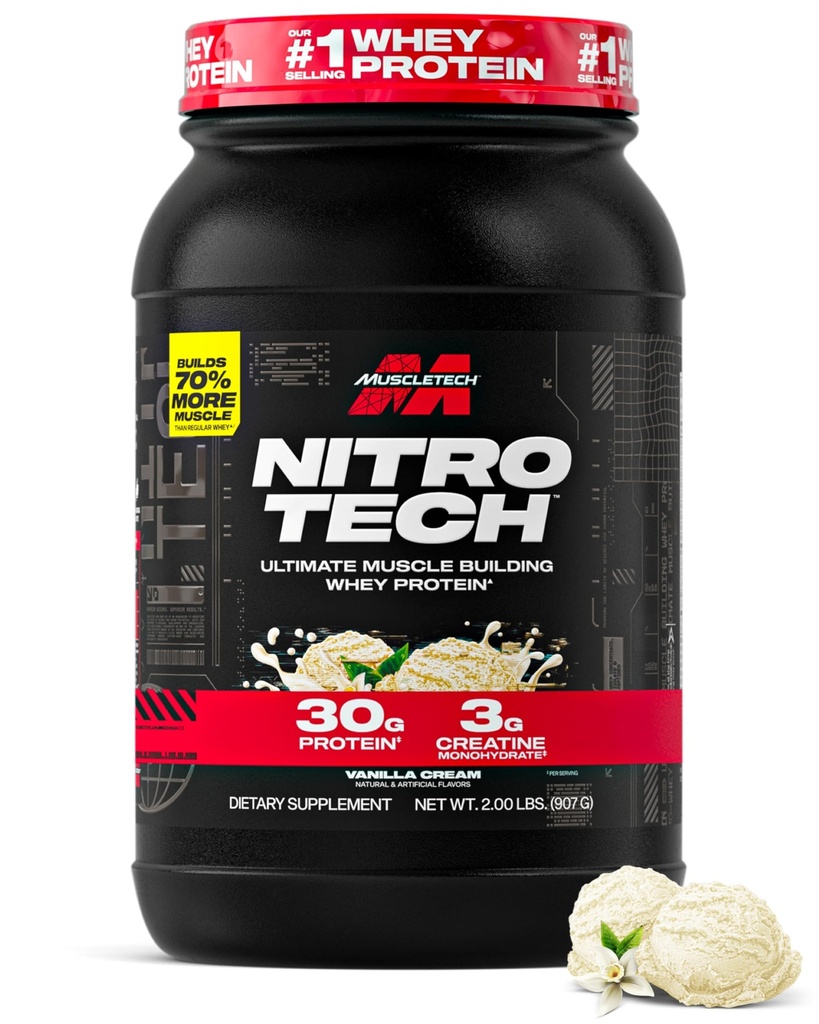 Muscletech Wei Protein Powder (Vanilla Cream, 2.2 Pound) - Nitro-Tech Ultimate Muscle Building Formula with Wei Protein Isolaat - 30g of Protein, 3g of Creatine & 6.8g of BCAA - Packaging May Vary