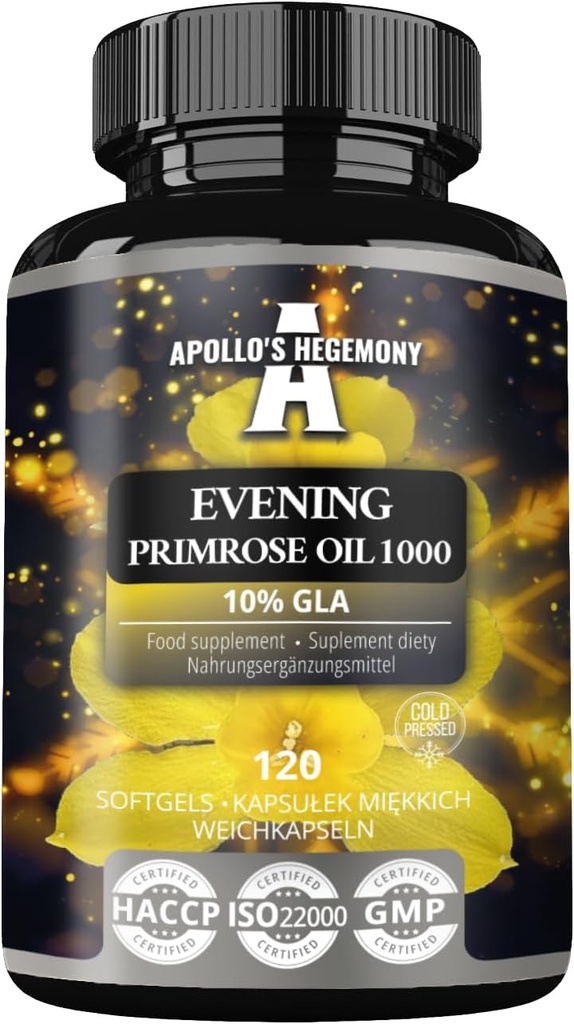 APOLLO'S HEGEMONY Huile de Primrose du soir 1000 mg avec vitamine E - Contient 100 mg d'acide GLA - 120 Capsules Softgel - 4 mois d'approvisionnement - complément alimentaire pour soutenir l'équilibre hormonal et la santé de la peau