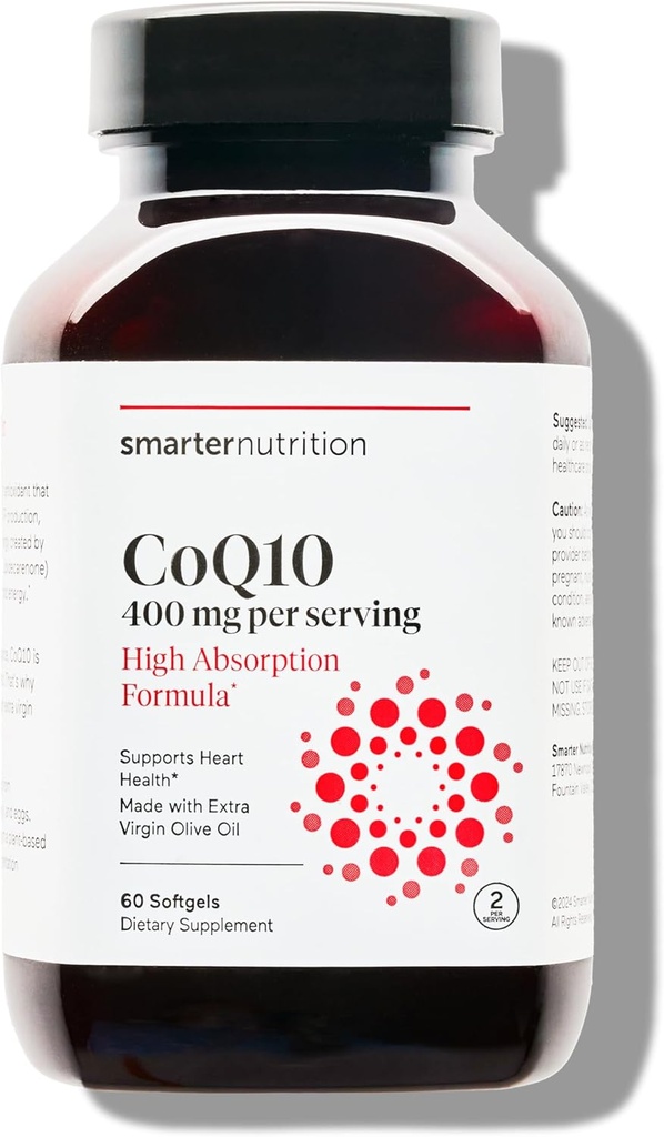 SMARTERNUTRITION CoQ10 400 mg Hoge Absorptie - Natuurlijk gefermenteerd Ubichinon met/Organische koudgeperste olijfolie - voor de gezondheid van het hart, Cellular Energy - Non-GMO, Glutenvrij - 60 Tellen[30-Dagvoorziening]