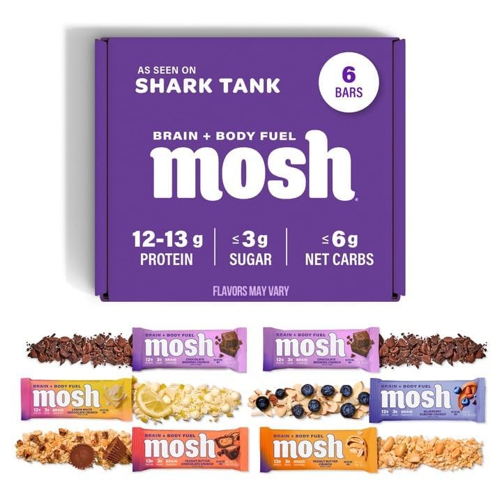 MOSH Variety Pack Keto Proteïne Bars, Hoge Vezel, Lage Carb, Glutenvrij, Hoog Proteïne, Hersen gezonde Snack met Ashwagandha, Lion's Mane, 6 Tellen