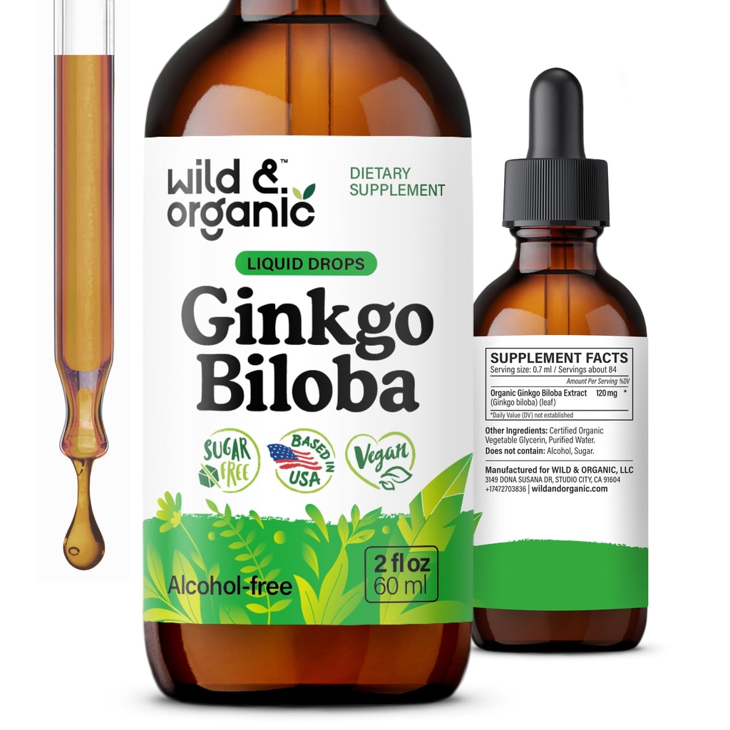 Wild & Organic Ginkgo Biloba Tinctuur - Hersen & Focus Ondersteuning met Ginkgo Leaf Supplement - Vegan, Sugar & Alcoholvrije Kruidenextract Tinctuur - 2 fl oz