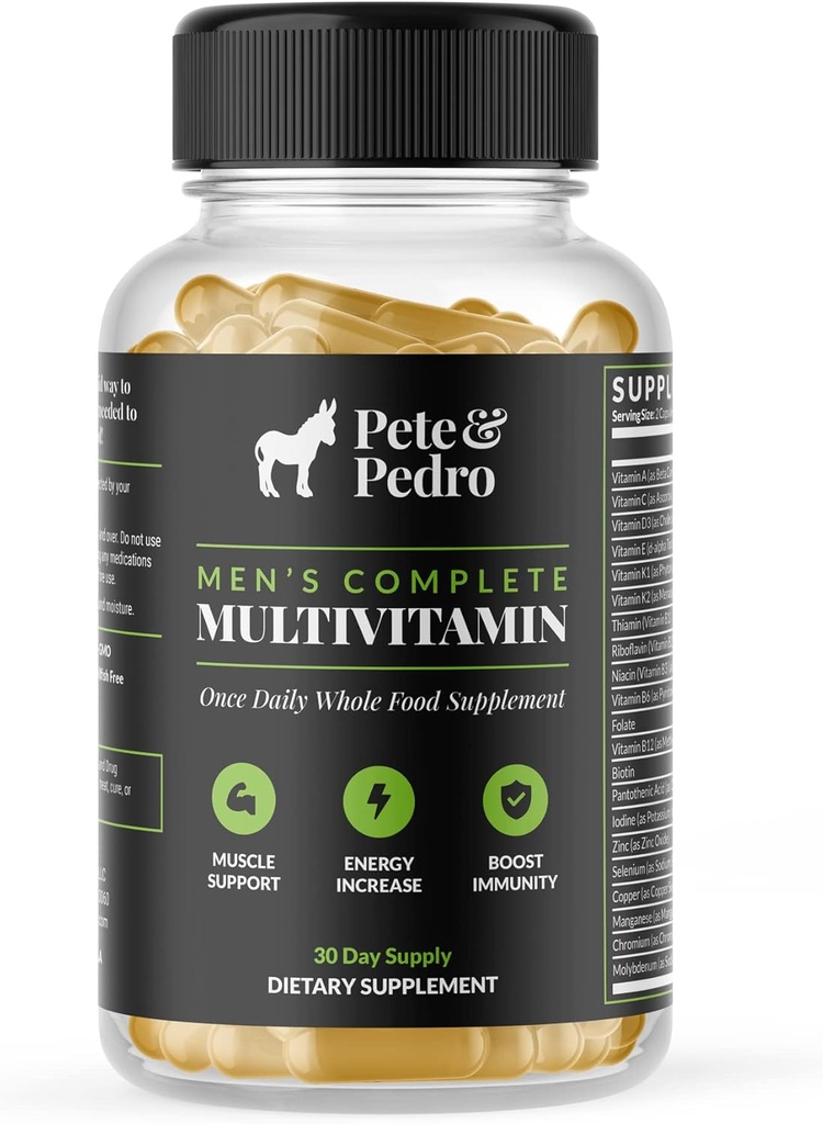 Pete & Pedro Men's Compleet Eenmaal dagelijks Multivitaminen voor het hele voedsel Supplement om te helpen met spierondersteuning, energie & Immuniteit, natuurlijke non-GMO, Made in USA l As Seen on Shark Tank, 30 Day Supply