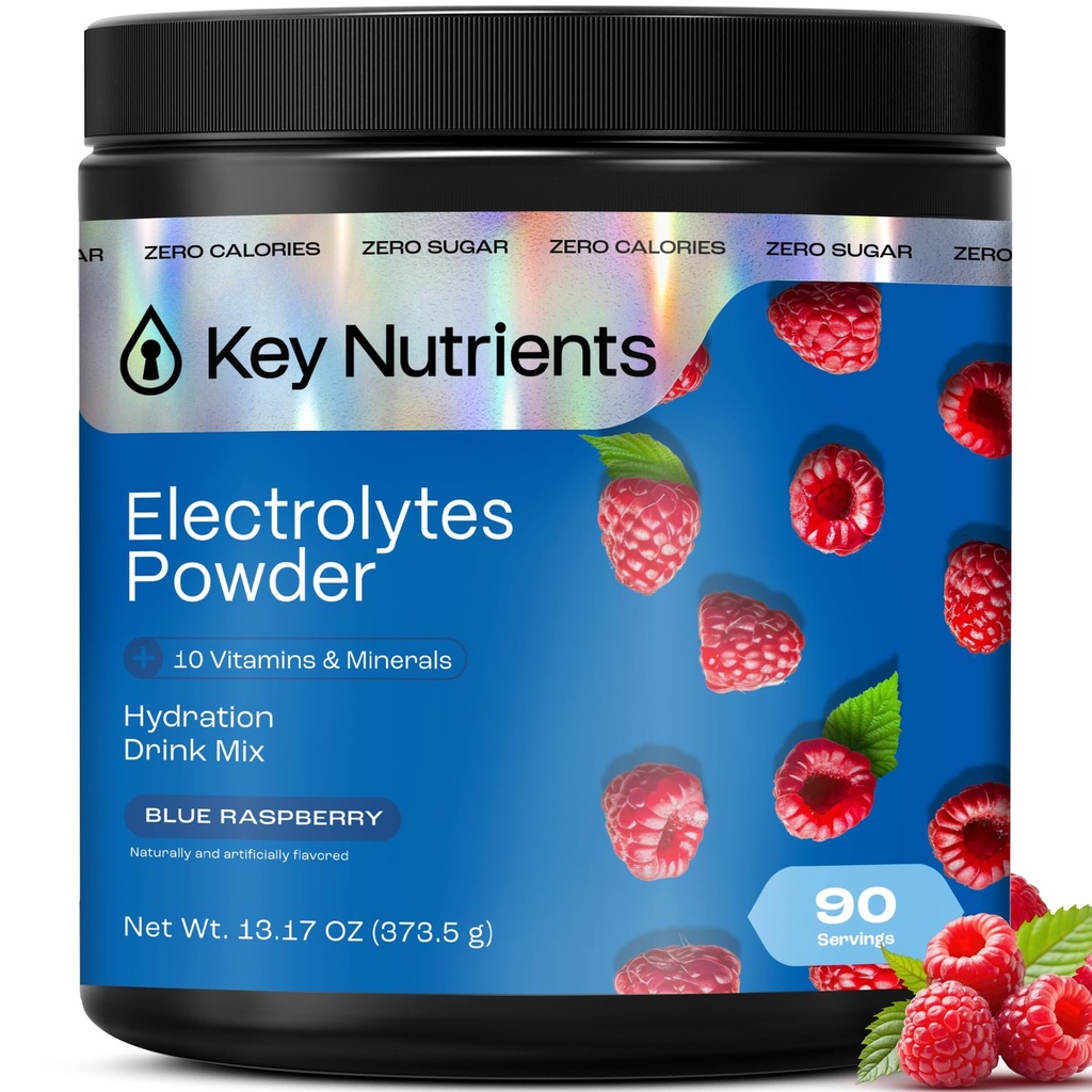 KEY NUTRIËNTEN Multivitamine Elektrolyten Poeder Geen Suiker - Sweet Blue Raspberry Electrolyte Powder - Endurance & Energy Supplement - Hydration Powder - No Calories - 90 Servings - Made in USA