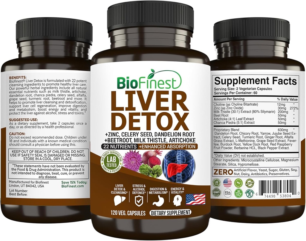 BioFinest Lever Detox Supplement - 22 Nutriënten Melkdistel Artichoke Selderij Zaad Chanca Piedra Beet Root Dandelion Kurkuma Gember - Alcohol Reiniging Energie Vertering Metabolisme (120 Veg. Capsules)