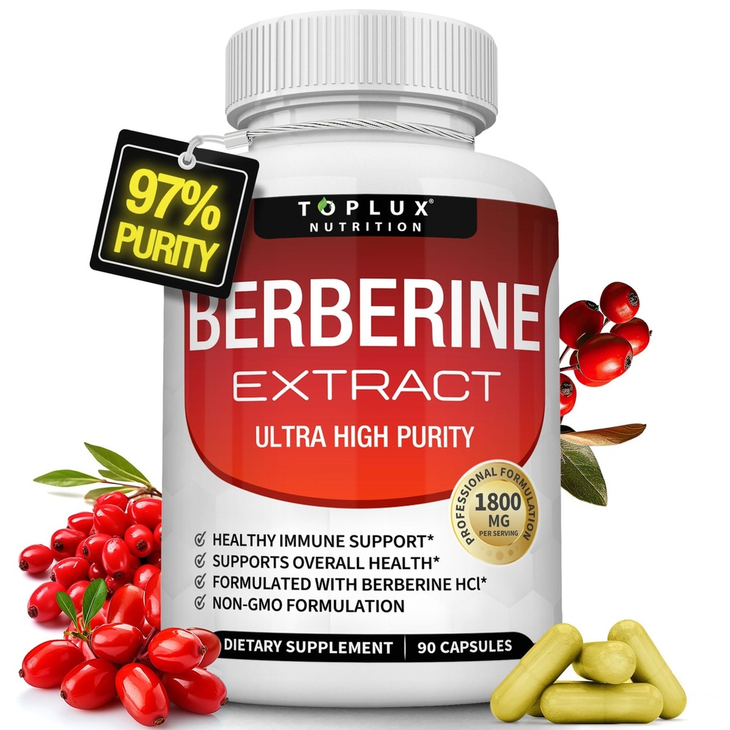 Supplément Berberine 1800mg - Berberine HCL 97% testé Ultra haute pureté Extrait Berberine Premium pour soutenir la santé globale, Berberine haute puissance plus non-OGM Vegan hommes femmes, 90 capsules